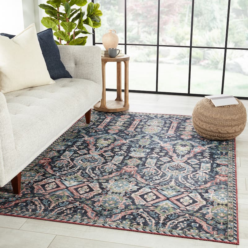 Teleza Machine Washable Trellis Dark Blue/ Clay Area Rug