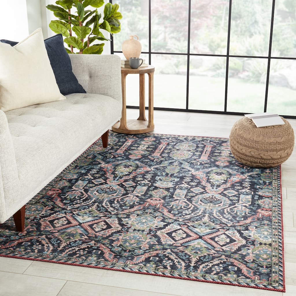 Teleza Machine Washable Trellis Dark Blue/ Clay Area Rug