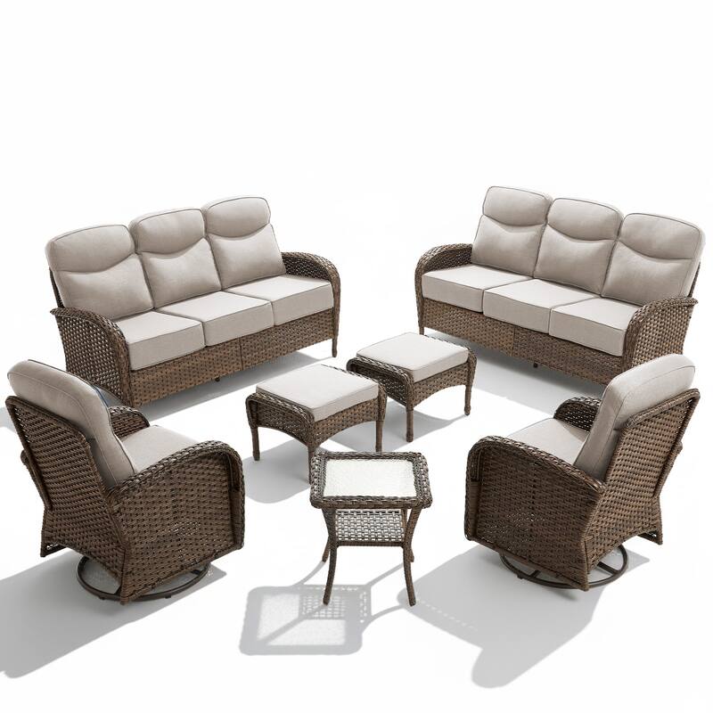Luna 7-Piece Wicker Patio Conversation Set with Swivel Gliders and 6-Inch Thick Olefin Cushions