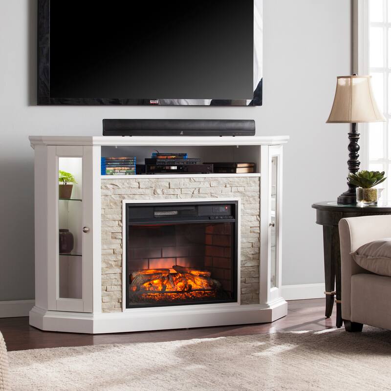 SEI Furniture Ratner Faux Stone Fresh White Corner Convertible Fireplace - Brick Accent Firebox
