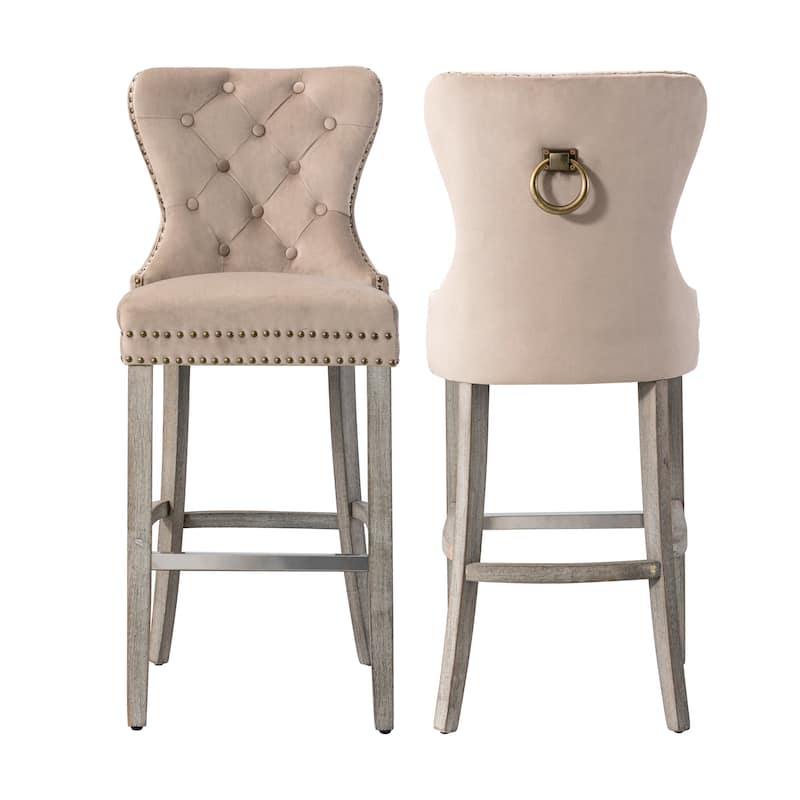 Carter 29" Wingback Tufted Nailhead Bar Stool (Set of 2), Antique Grey Legs