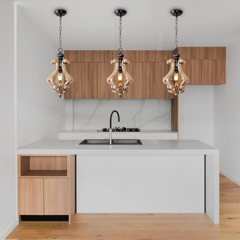 CurveCurio 1-Light Wood Light, Rustic Wood Pendant Light for Foyer Kitchen Island Light & Hallway Breakfast Area Chandelier,