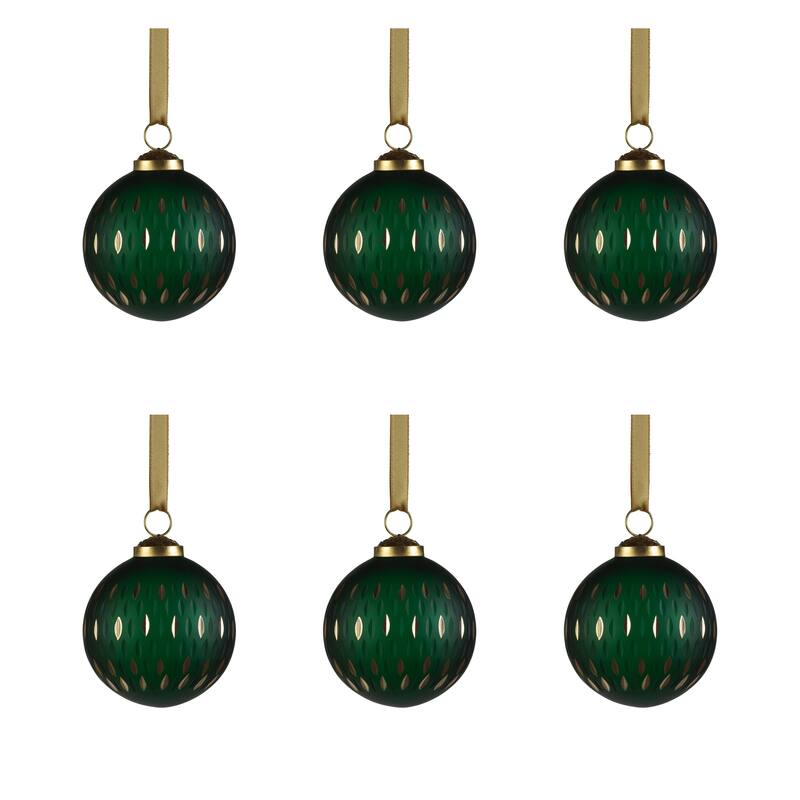 3" Green Frosted & Etched in Gold Glass Ornament 3", Set of 6