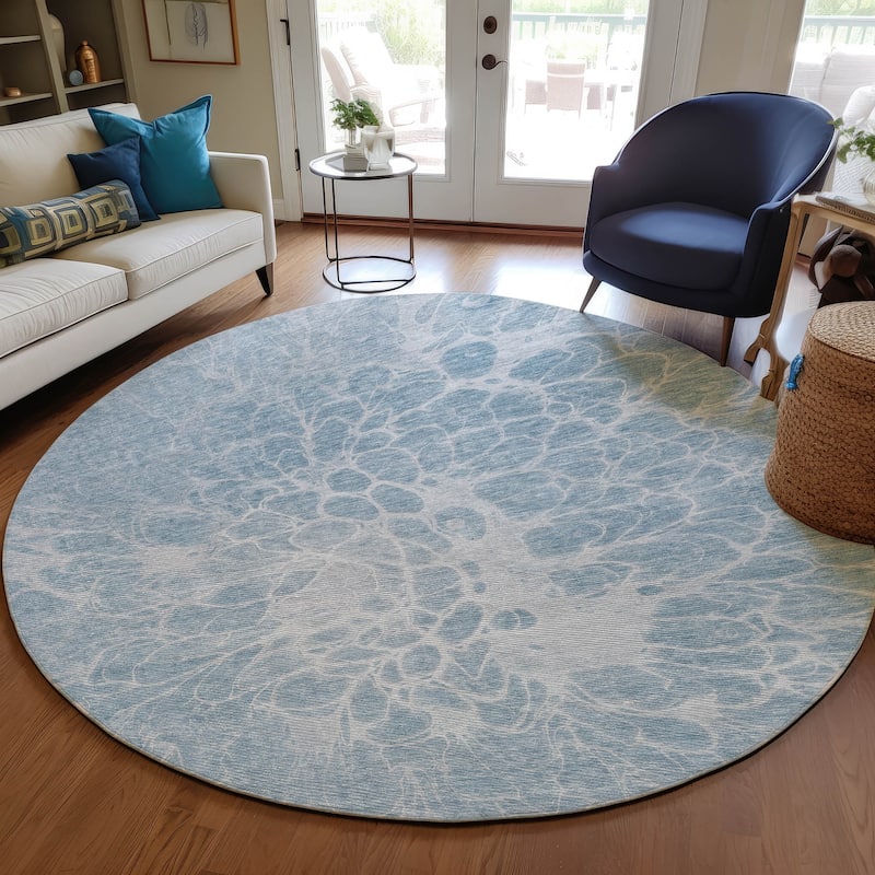 Machine Washable Indoor/ Outdoor Chantille Modern Vintage Floral Rug - Sky - 8' x 8'