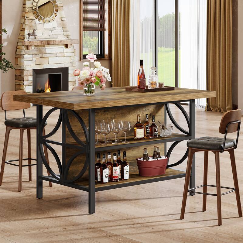 63-Inch Large Home Bar Table with Footrest, Rustic Brown