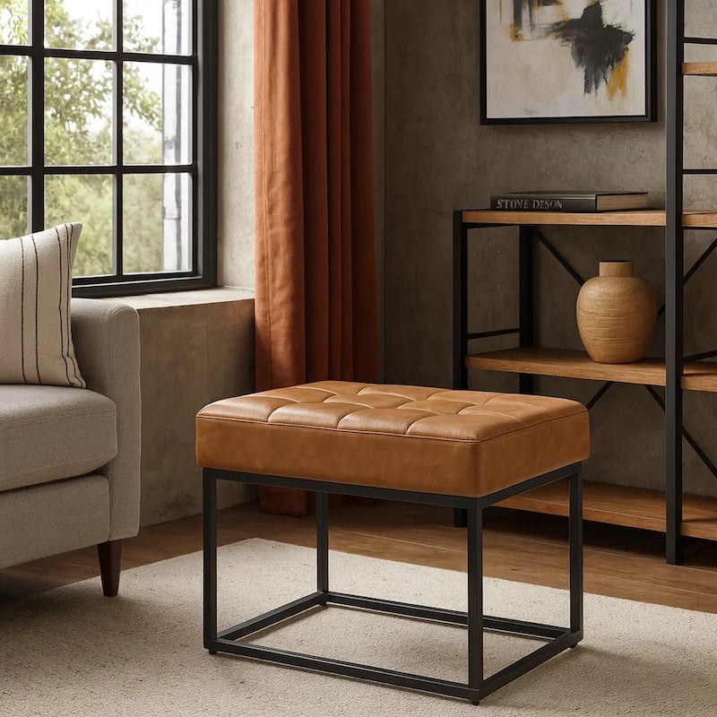 Kai Ottoman Footstool, Carmel Brown Faux Leather, Black Metal, 22 Inch