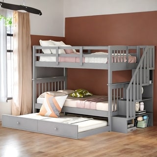 Stairway Twin-Over-Twin Bunk Bed with Twin size Trundle, Grey