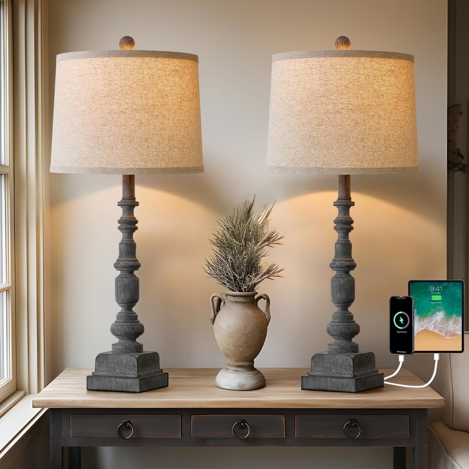 thumbnail image 2 of Set Of 2 Farmhouse Bedside Table Lamps With Dual USB Ports – Metal & Fabric, Black 2 of 6