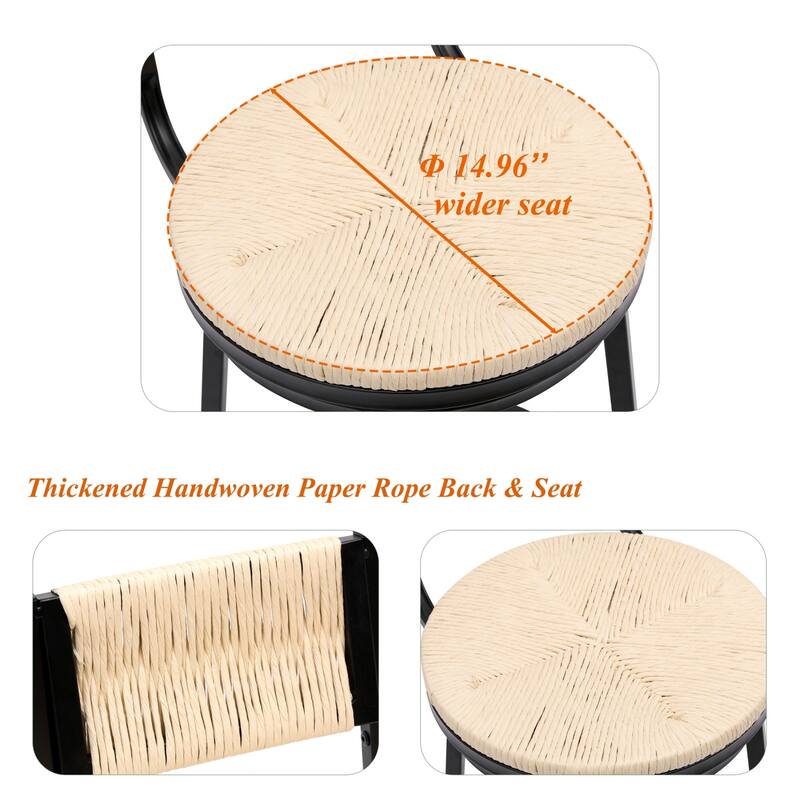 Swivel Counter Height Bar Stools Set of 2, Bar Height Stools, Paper Rope Woven Bar Stools, Farmhouse Island Chair w/ Metal Frame