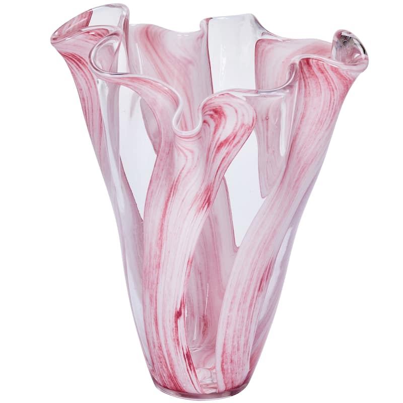 Set of Two Pink Striped Handblown Glass Vases with Scalloped Edges