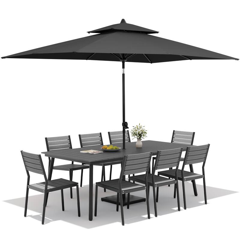 11PC Outdoor Patio Dining Set Aluminum Table with Stackable Chairs w/ Market Umbrella Set