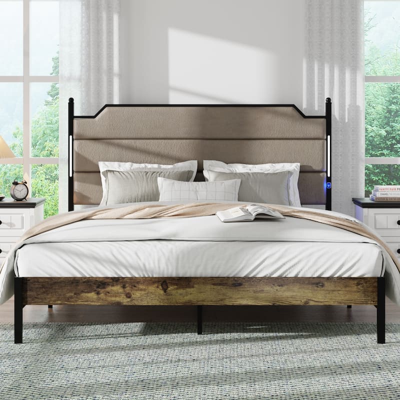 King Size LED Upholstered Platform Bed w/ Charging Station,Wood Slats