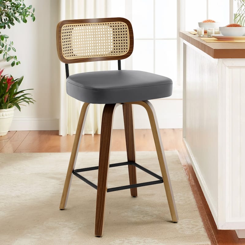 26"/29" Swivel Bar Stools/ Counter Stools with Bentwood Legs - Single - Grey-Rattan Back - Counter Height