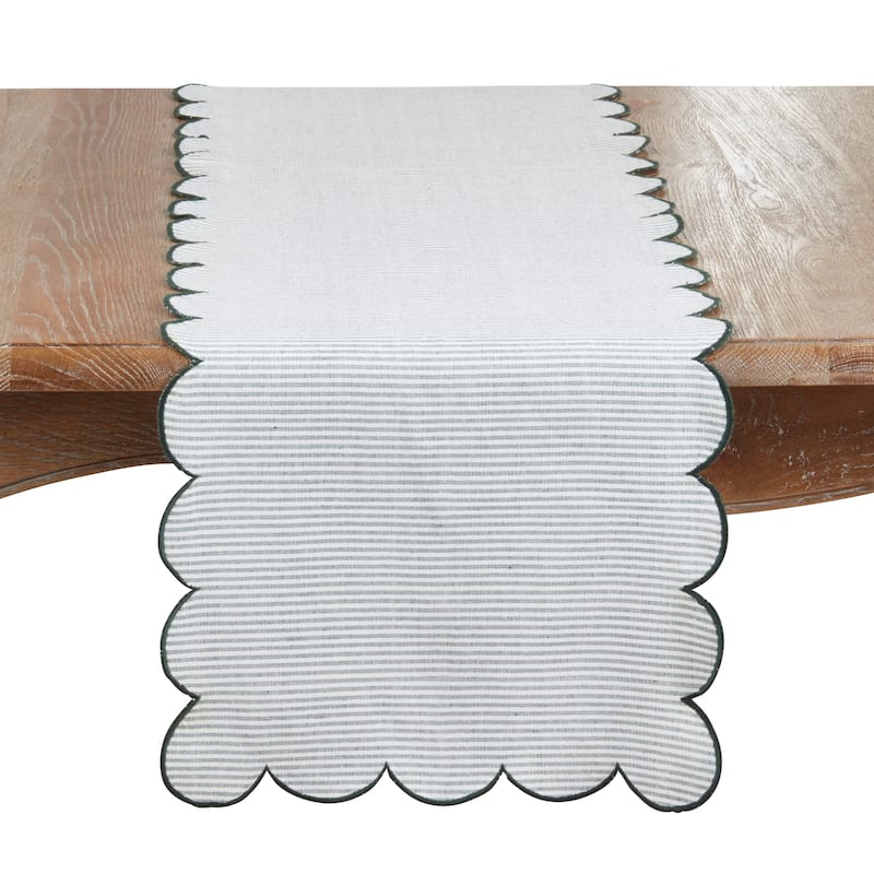 Cotton Striped Scalloped Table Runner - Everyday Woven Table Runner for Dining & Console Tables, 16"x72" - 16"x72" - Green