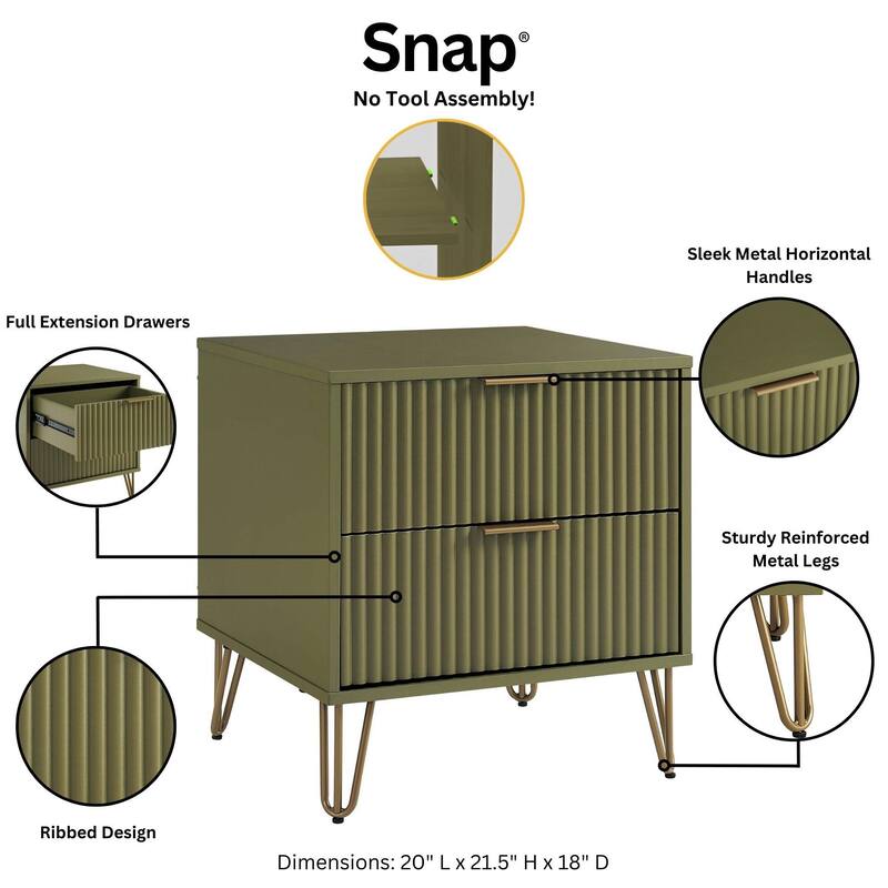 20-Inch Fluted Nightstand with 2 Drawers, Gold Metal Handles, and Splayed Legs in Olive Green