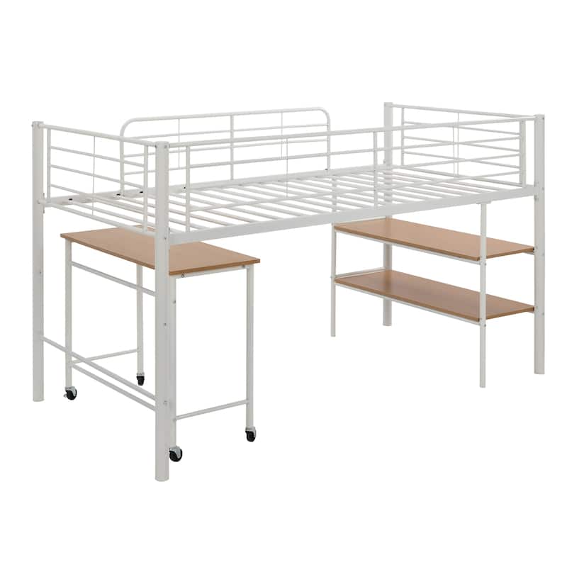 Twin Size Metal Loft Bed with Desk and Shelves