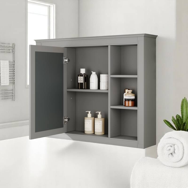 Modern Bathroom Mirror Cabinet, 35" Medicine Cabinet with 1 Door and 6 Open Shelves, Wall Mounted