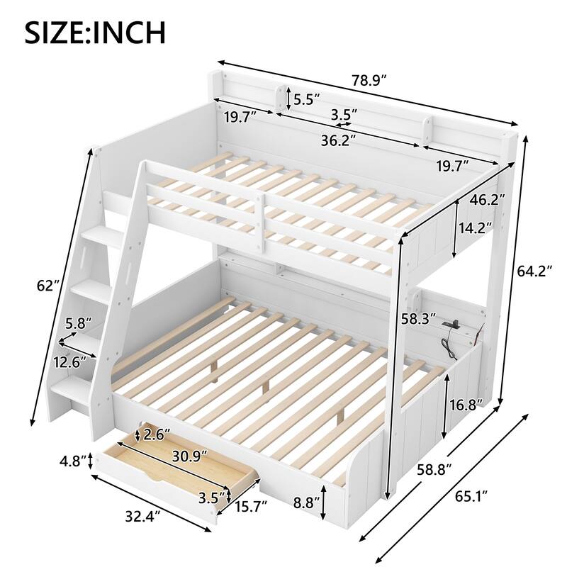 Twin Over Full Bunk Bed with Storage Shelves & Charging Station, Wood Bunk Bed Frame with Ladder and Built-in Drawer, Led Lights