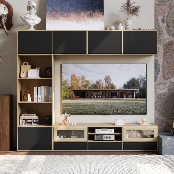 slide 2 of 19, Modular Storage Wall Unit with Adjustable Shelves and TV Stand – Oak Veneer & Black Fronts