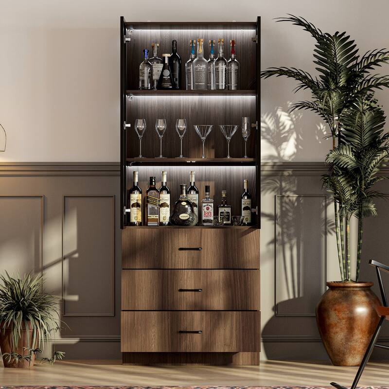 Bookshelves Bookcase Modular Glass Display Cabinet with LED Lights, Dark Wood Storage Combination Cabinet System