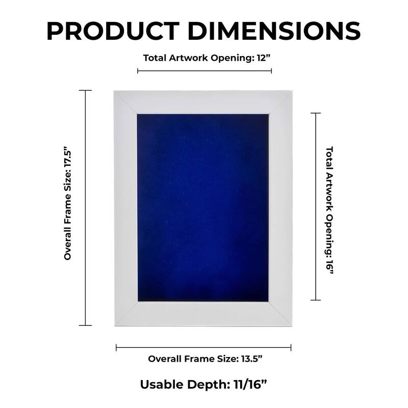12x16 Shadow Box Frame White Wood | With a 3/4" Usable Display Depth | Includes a Royal Blue Real Suede Texture Acid-Free