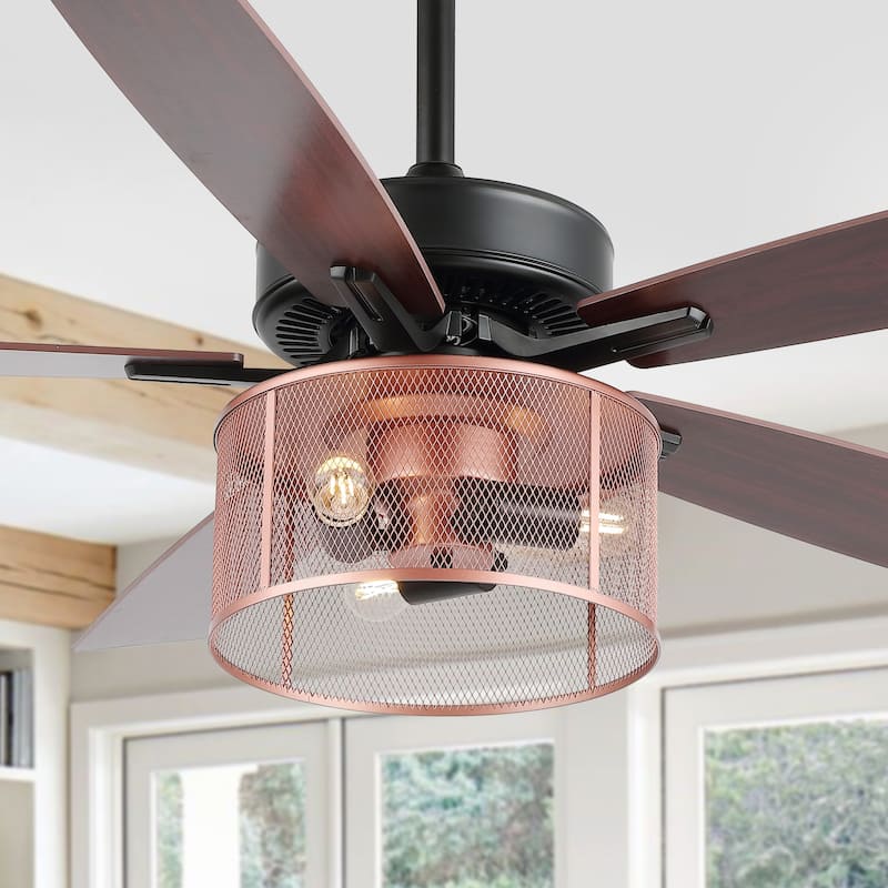 Oscar 52" 3-Light Farmhouse Industrial Iron/Wood Mobile-App/Remote-Controlled LED Ceiling Fan, by JONATHAN Y