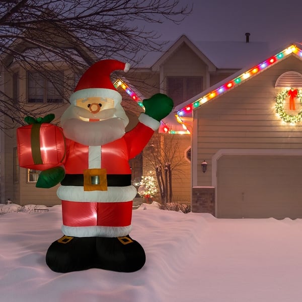 slide 2 of 16, Fraser Hill Farm 10-Ft. Tall Santa Claus Holding a Gift, Blow Up Inflatable with Lights and Storage Bag