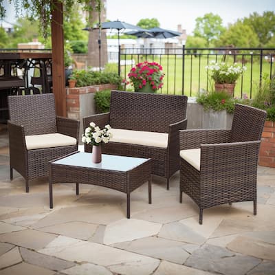 4 Piece Outdoor Patio Furniture Set With Cushions, Patio Wicker Conversation Set & Glass Coffee Table