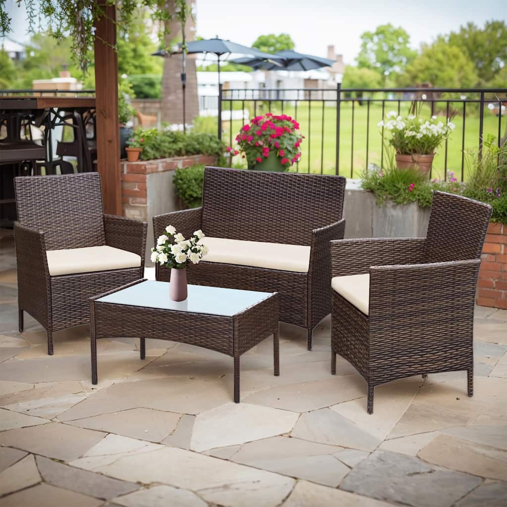 4 Piece Outdoor Patio Furniture Set With Cushions, Patio Wicker Conversation Set & Glass Coffee Table