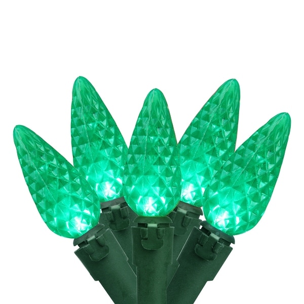 Set of 50 Faceted Green LED C6 Christmas Lights - Green Wire - N/A
