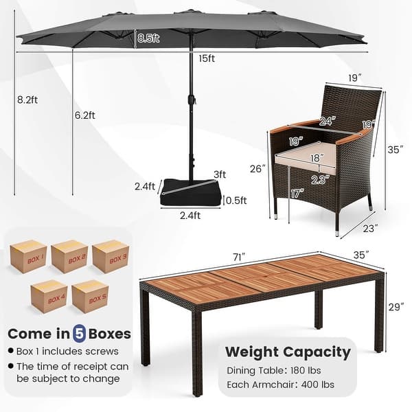 dimension image slide 3 of 5, Costway 11 PCS Patio Dining Set with 15ft Double-Sided Patio Umbrella