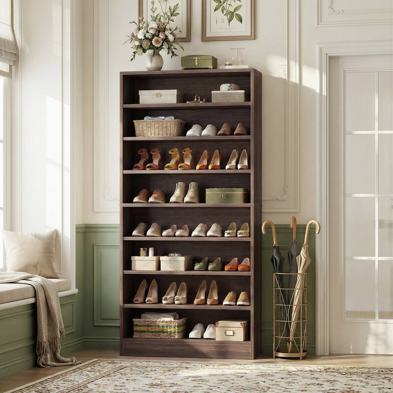 Cimly 45 Pairs Tall Shoe Cabinet, 9-Tier Wooden Shoe Storage Organizer with Adjustable Shelves - Walnut