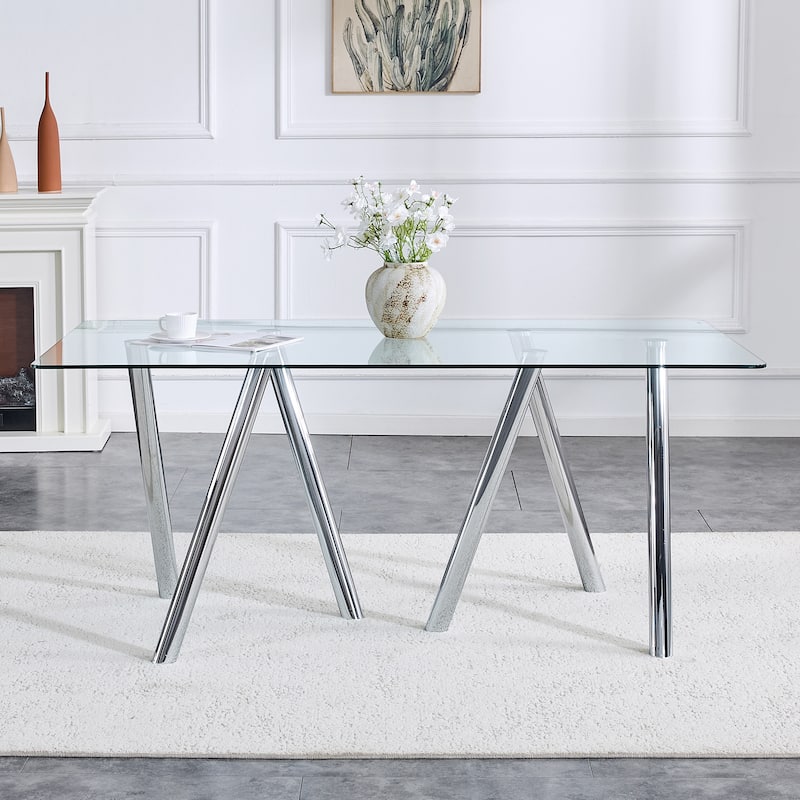 71-Inch Tempered Glass Dining Table with Sturdy Metal Legs