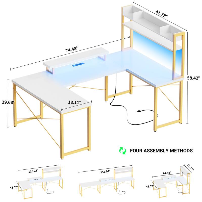 75'' DIY U-Shaped Desk with Hutch, Reversible Office Desk with Power Outlets and LED Strip