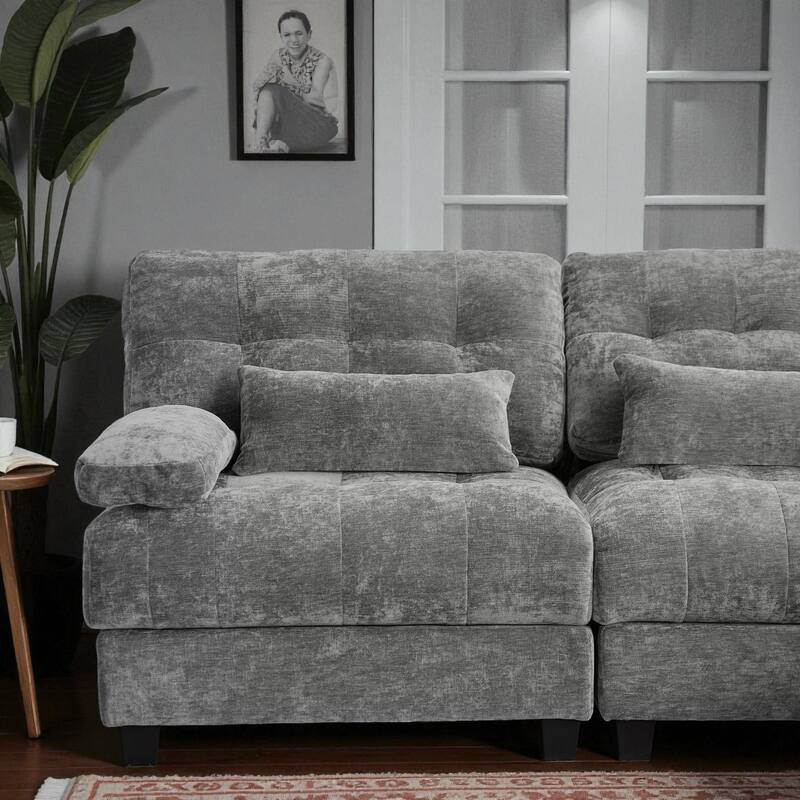 93" 3+1 Seater Sofa with Ottoman, Adjustable 4-Position Backrest, Soft Chenille Upholstery and 3 Pillows for Living Room