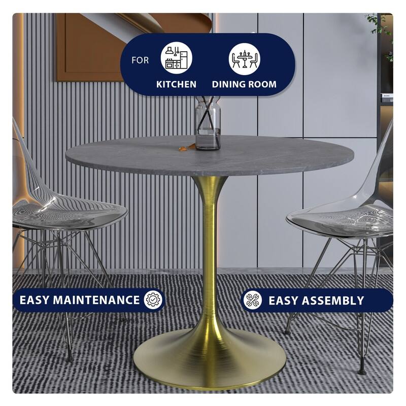 Verve 36" Modern Contemporary Sintered Stone Tabletop Round Accent Dining Table with Brushed Gold Stainless Steel Base for Home