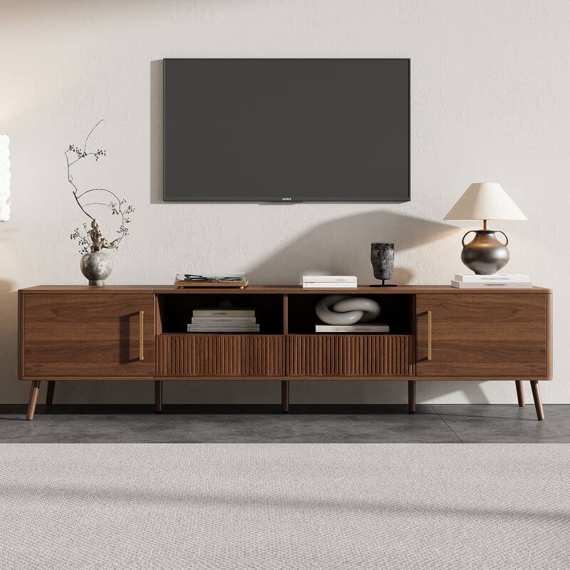 Walnut Entertainment Center TV Stand with 2 Drawers, Media Console Sideboard Buffet Cabinet Side Cabinet - Walnut