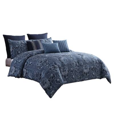 8 Piece Polyester Queen Comforter Set with Floral Print, Blue