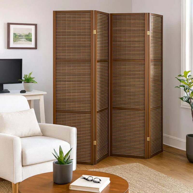 Rown 4 Panel Foldable Privacy Screen, Bamboo, Brown Pine Wood 70 Inch