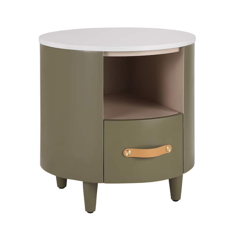Round Nightstand with Drawer & Open Shelf, Nightstand with Leather Handle & Tapered Legs, Large Capacity Sofa Side Table
