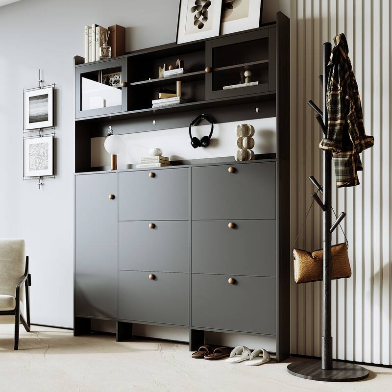 Multifunctional Shoe Cabinet with Storage Shelf & 6 Flip Drawers,Modern Hall Tree with Tempered Glass Doors