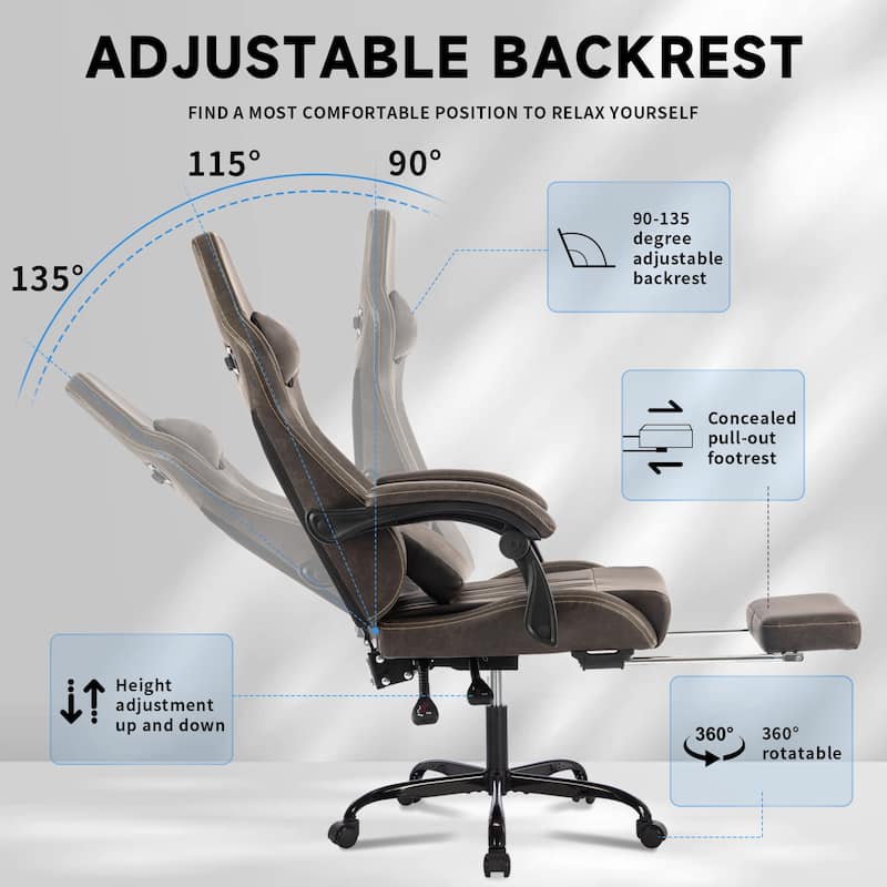 PU Leather Gaming Chair with Massage Lumbar Support, Footrest and Linkage Armrests