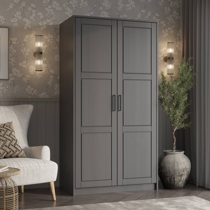 Palace Imports 100% Solid Wood 2-Door Urban Wardrobe Armoire with Solid and Mirrored Doors - Gray-Solid Wood Doors