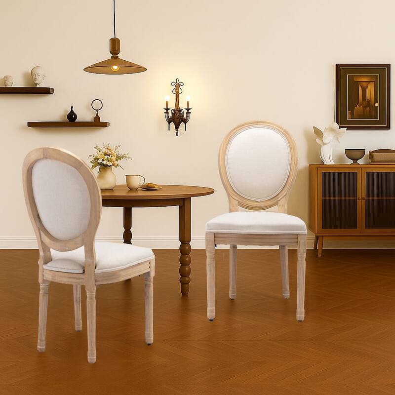 Vintage French Style Set of Two Linen Upholstered Dining Chairs with Solid Rubberwood Frame Legs - Beige