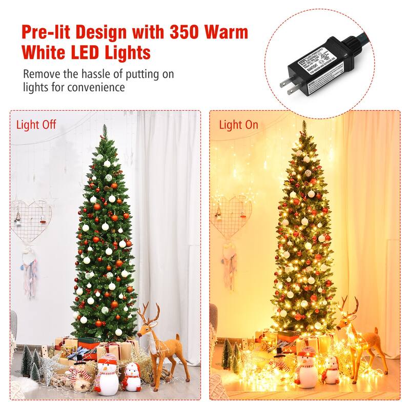 Gymax 7.5Ft Pre-Lit Pencil Christmas Tree Hinged Artificial Slim Tree - See Details