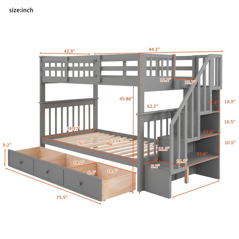 Twin Over Twin Bunk Bed with Stairs and Three Drawers, Wood Frame for Kids' Bedroom