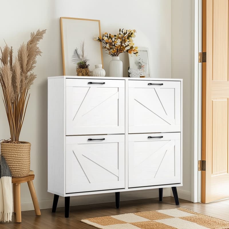 Barn Door 4 Flip Black Handles Melamine Particleboard Shoe Cabinet 41.7In