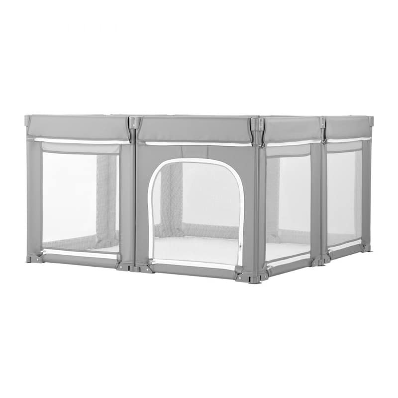 Foldable Grey Baby Fence with Mesh Walls Modular Playpen Design for Indoor and Outdoor Use - 50" x 50" x 27.36"