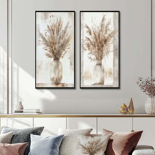 slide 2 of 18, Beige White Boho Plant Chic I - Boho Feather Framed Wall Art Set Of 2 - Traditional Wall Art Decor 2 Pieces 24 in. W x 28 in. H - Wood - Black