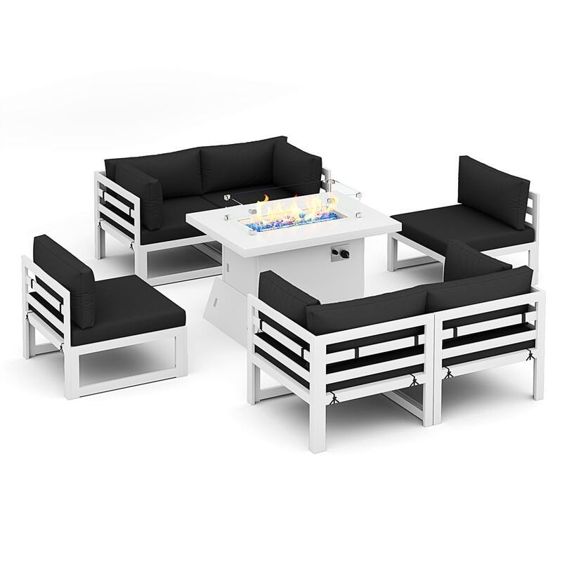 FINCATI Modern 7 Piece White Aluminum Outdoor Furniture Set with Propane/Natural Gas Firepit Table